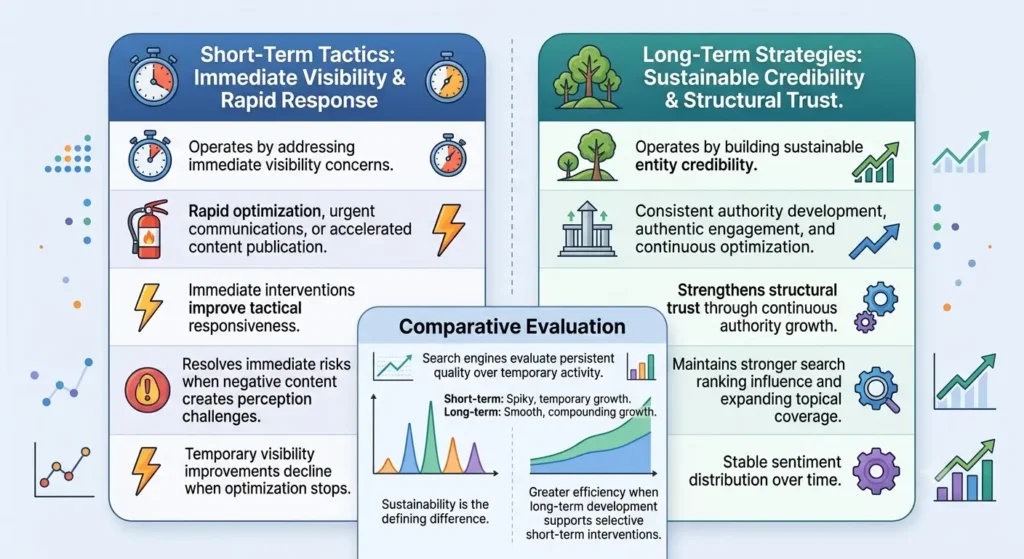 How do short-term tactics compare with long-term reputation strategies