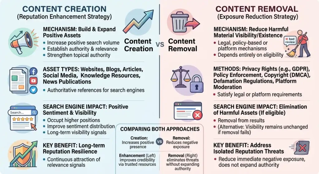 How does content creation compare with content removal strategies