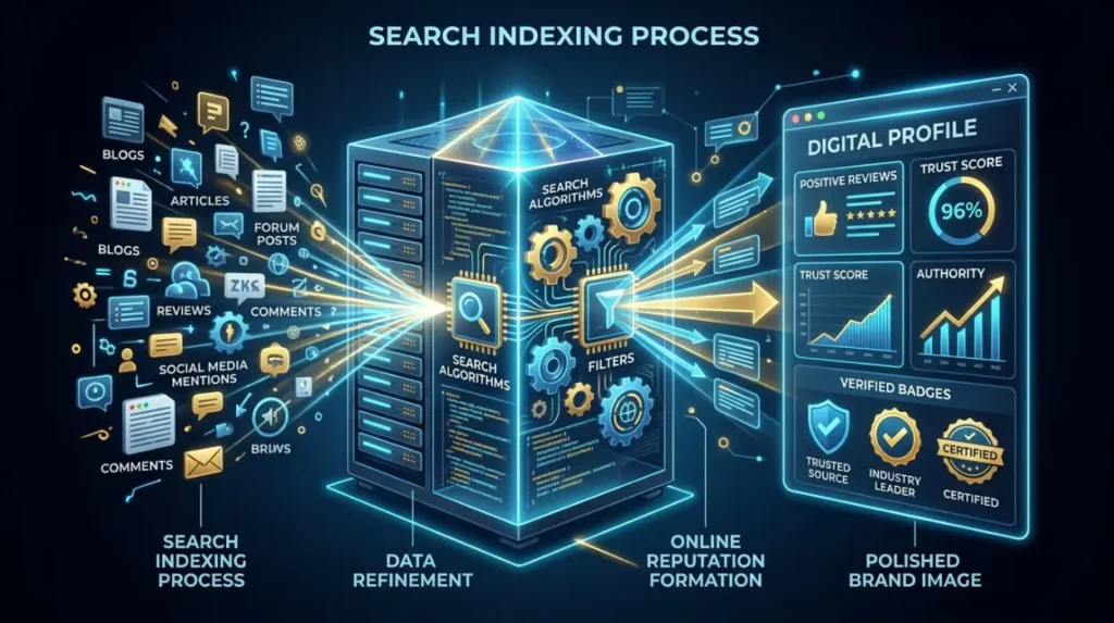 How does content indexing shape online reputation?