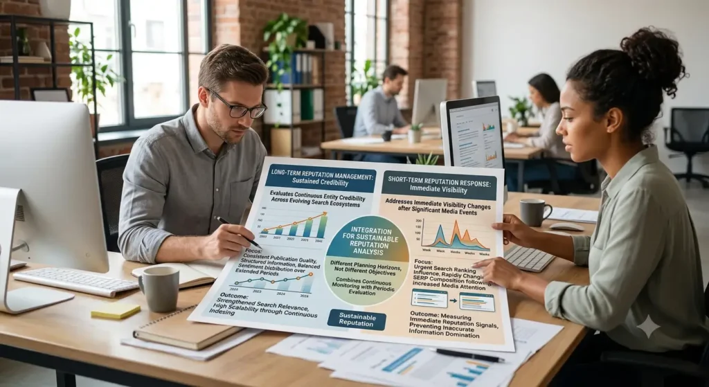 How does long-term reputation management differ from short-term reputation response