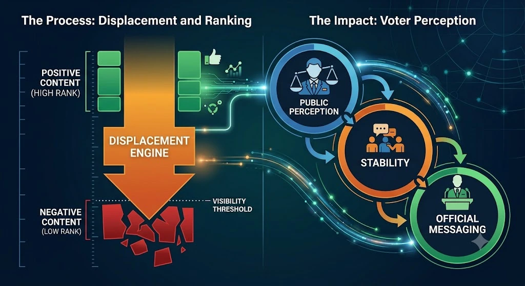 How does negative content suppression influence voter perception and search engine rankings