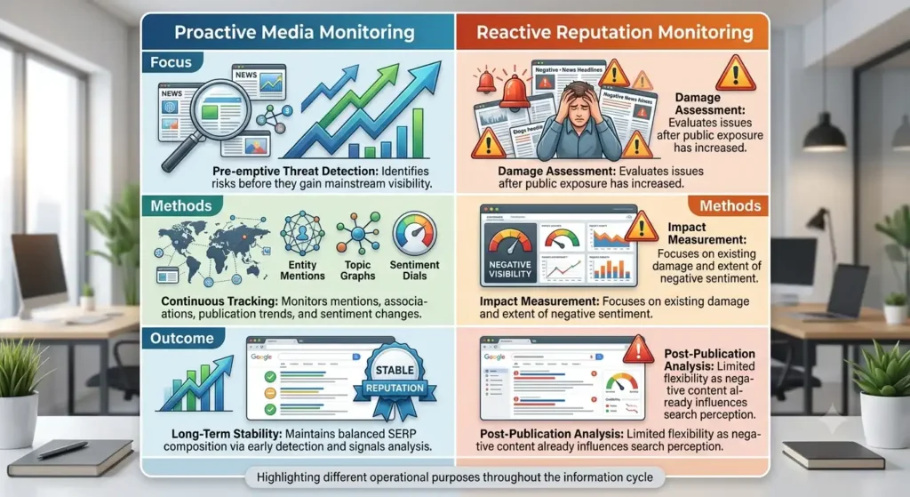 How does proactive media monitoring compare with reactive reputation monitoring