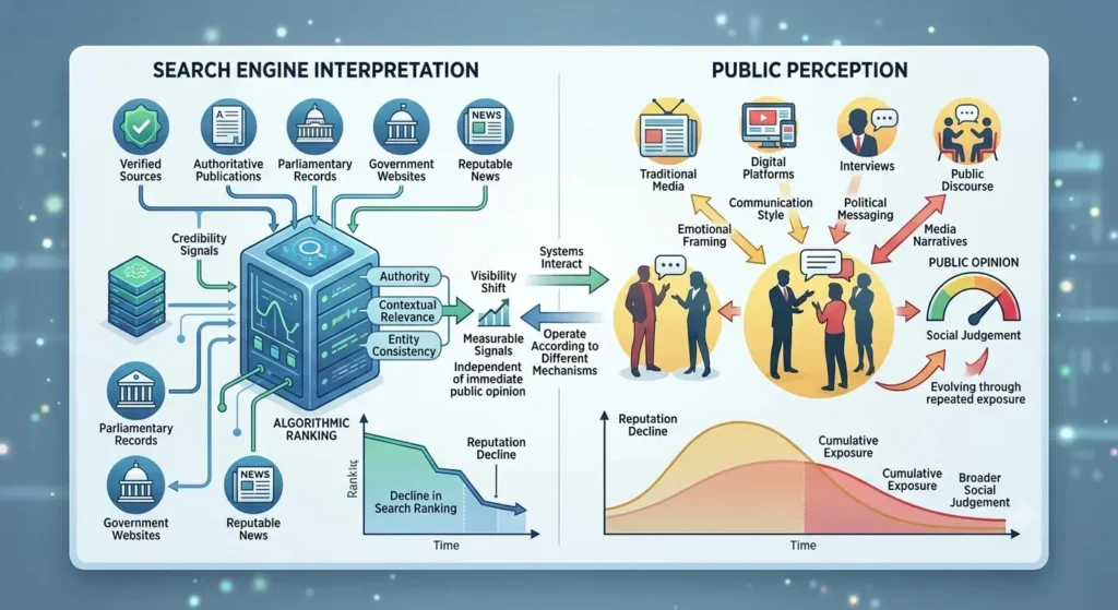 How does search engine interpretation compare with public perception when identifying reputation decline