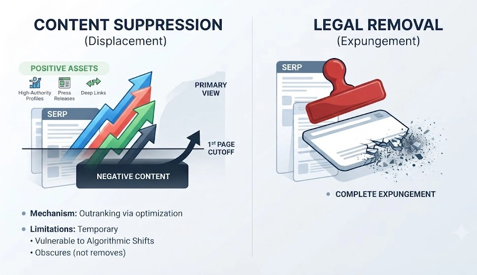 What Are the Mechanisms and Limitations of Content Suppression versus Legal Removal Strategies