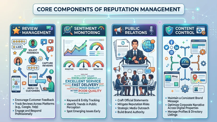 What are the core components of reputation management