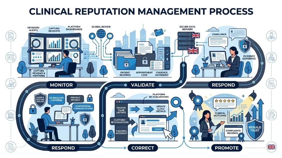 What are the core steps in a clinical reputation management process