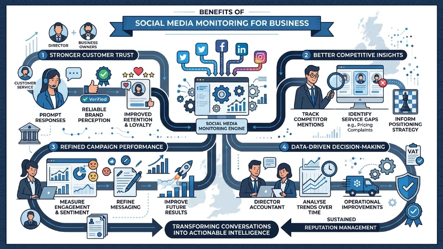 What are the key benefits of social media monitoring for businesses