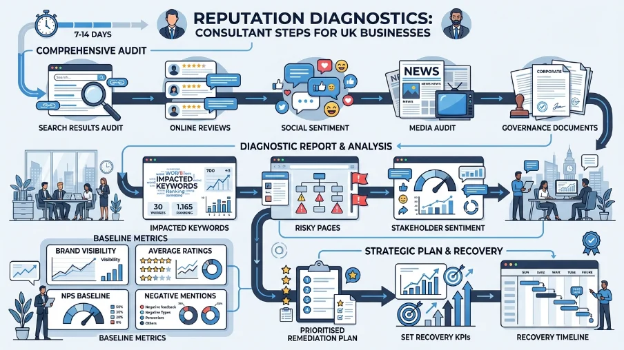 What diagnostic steps will a reputation consultant perform