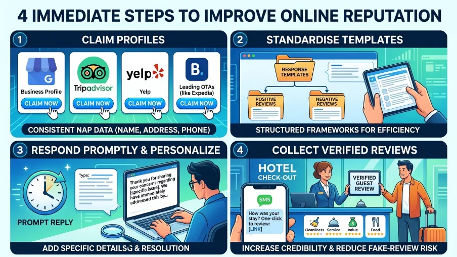 What immediate steps improve online reputation