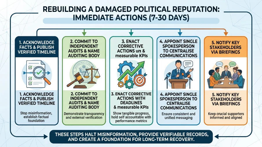 What immediate steps rebuild a damaged political reputation