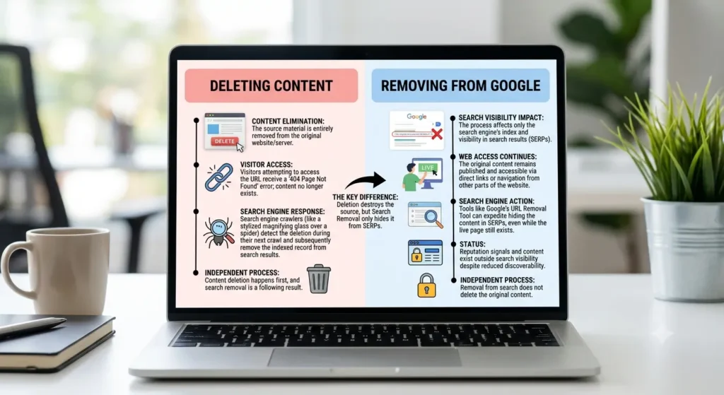 What is the difference between deleting content and removing it from Google