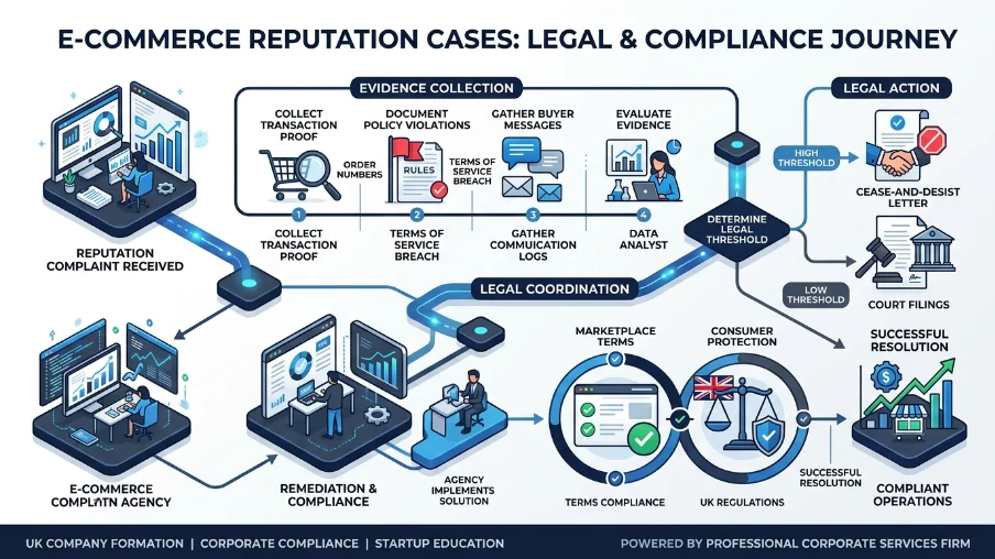 What legal and compliance steps apply to e-commerce reputation cases