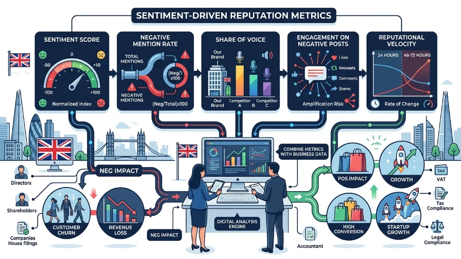 What metrics quantify sentiment-driven reputation