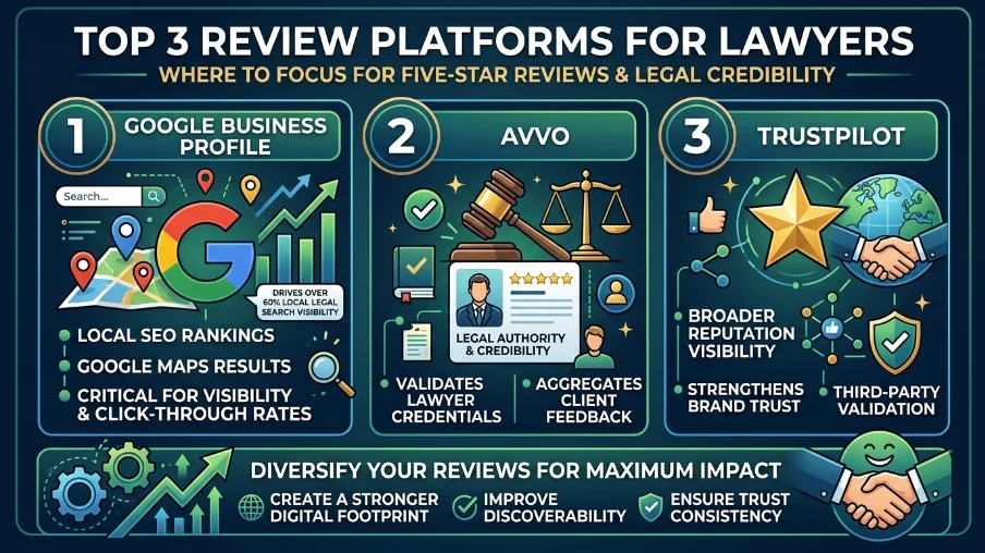 What platforms should lawyers focus on for five-star reviews