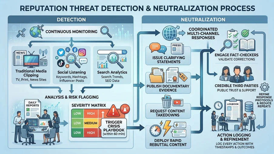 What processes are used to detect and neutralise reputation threats