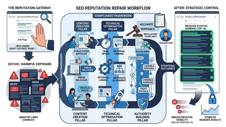 What processes do reputation repair services use to restore business credibility
