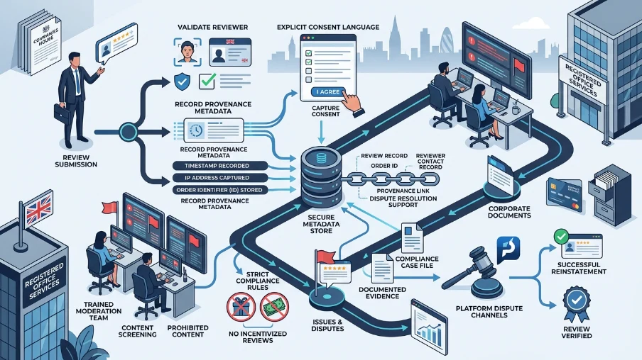 What processes ensure reviews comply with platform policies