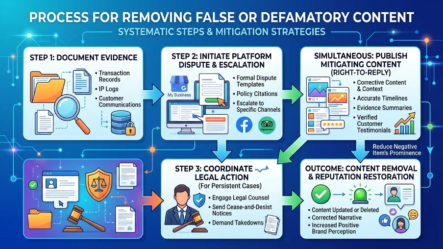 What processes remove false or defamatory content