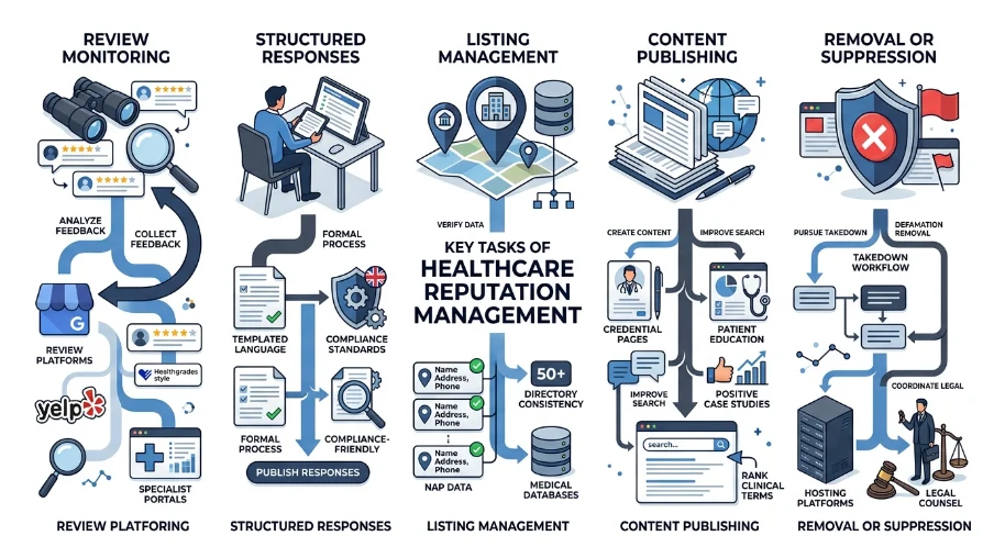What specific tasks make up a healthcare reputation management program