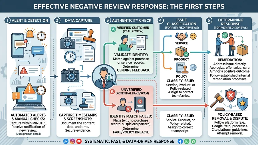 What steps do you take first when a negative review appears
