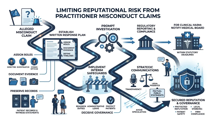 What steps limit reputational risk from practitioner misconduct claims