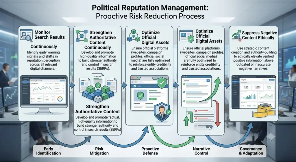 Which reputation management process reduces the risk of political reputation crises