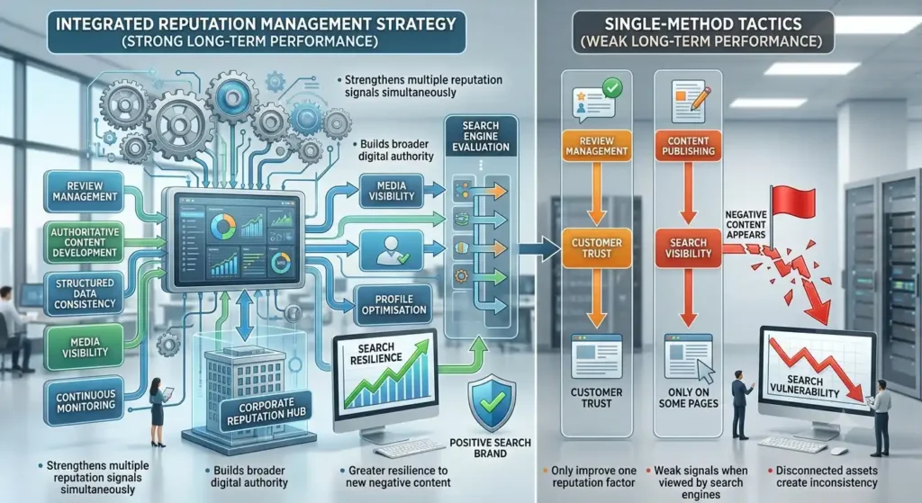 Which reputation management strategies provide the strongest long-term search performance