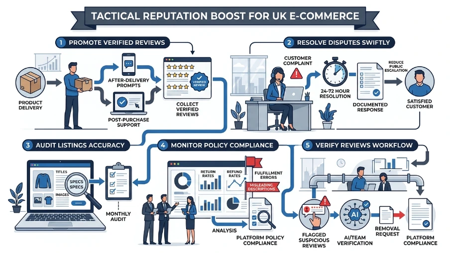 Which tactical steps improve an e-commerce brand’s reputation