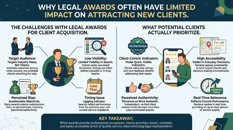 Why are legal awards less effective in attracting new clients