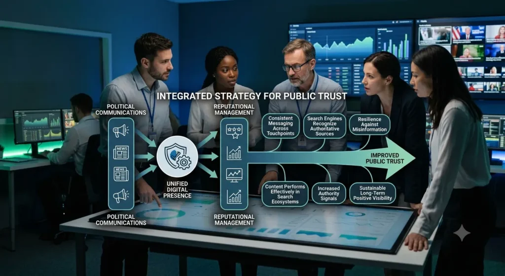 Why does combining political communications with reputation management improve public trust
