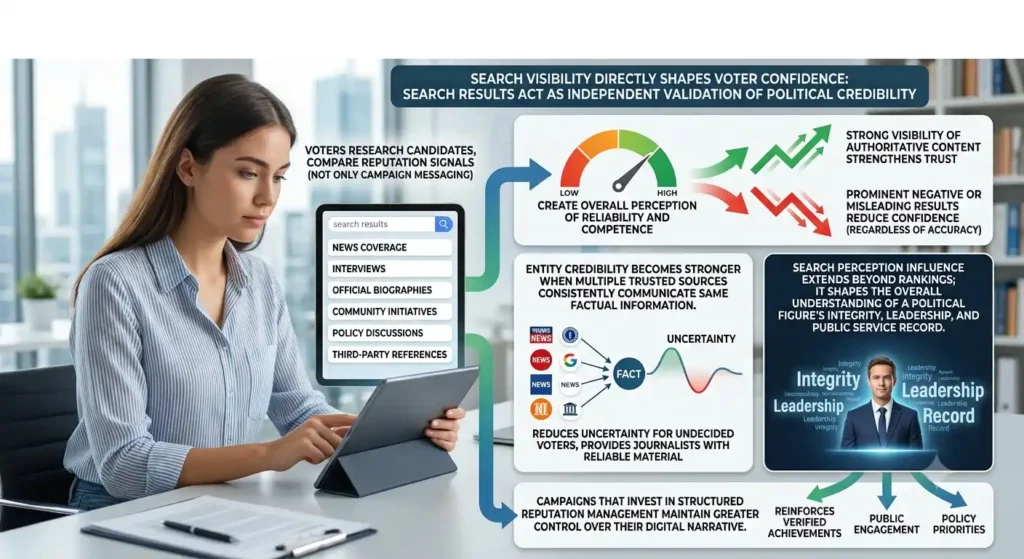 Why does search visibility influence voter confidence