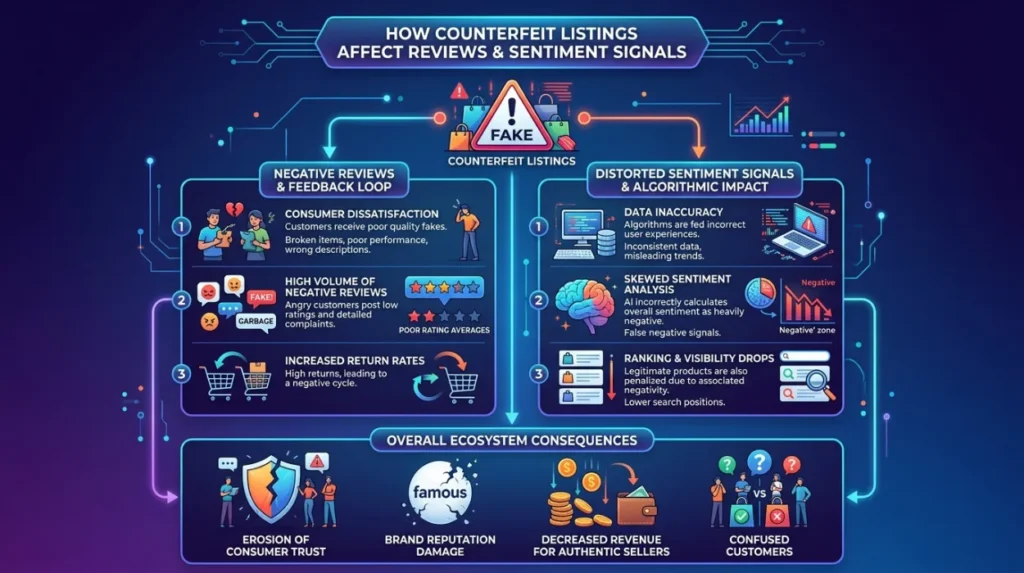 How Do Counterfeit Listings Affect Reviews and Sentiment Signals?