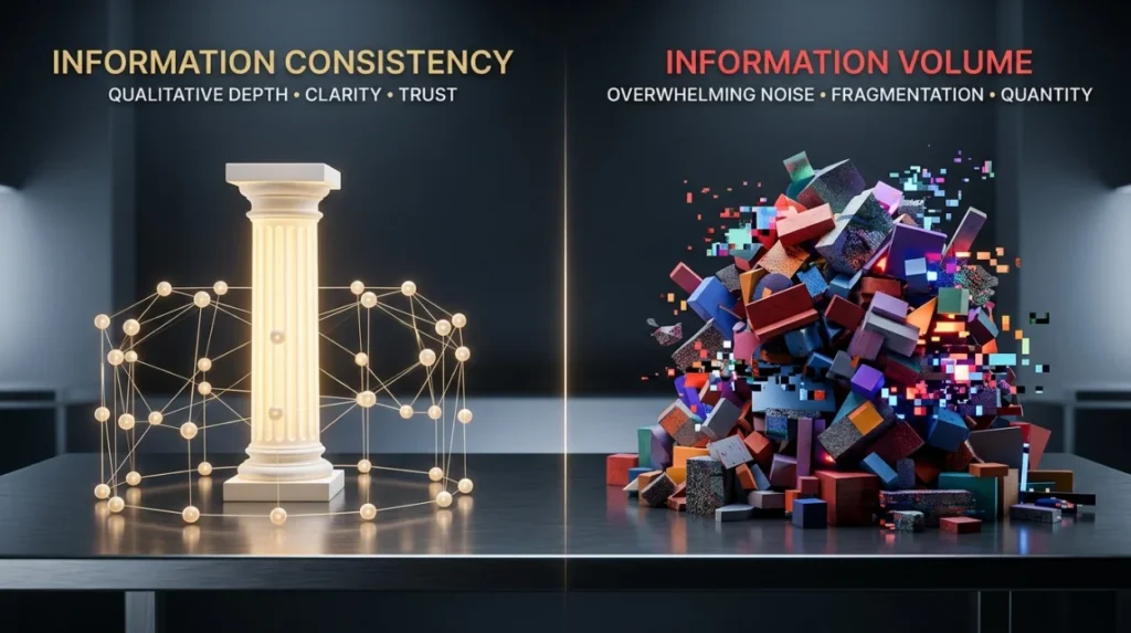 How Does Information Consistency Compare With Information Volume?