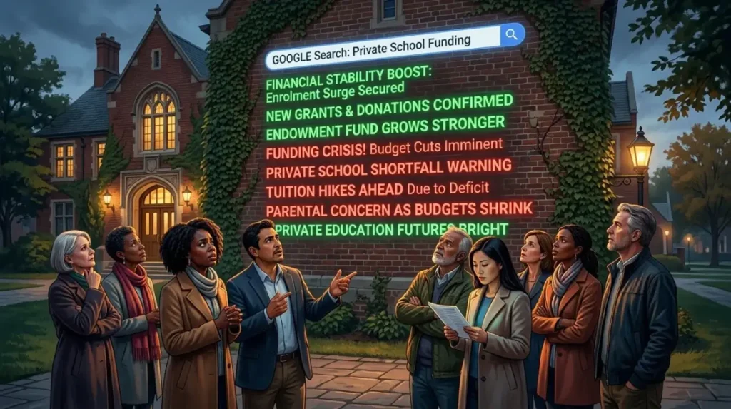 How do SERPs shape perceptions of private school financial stability?