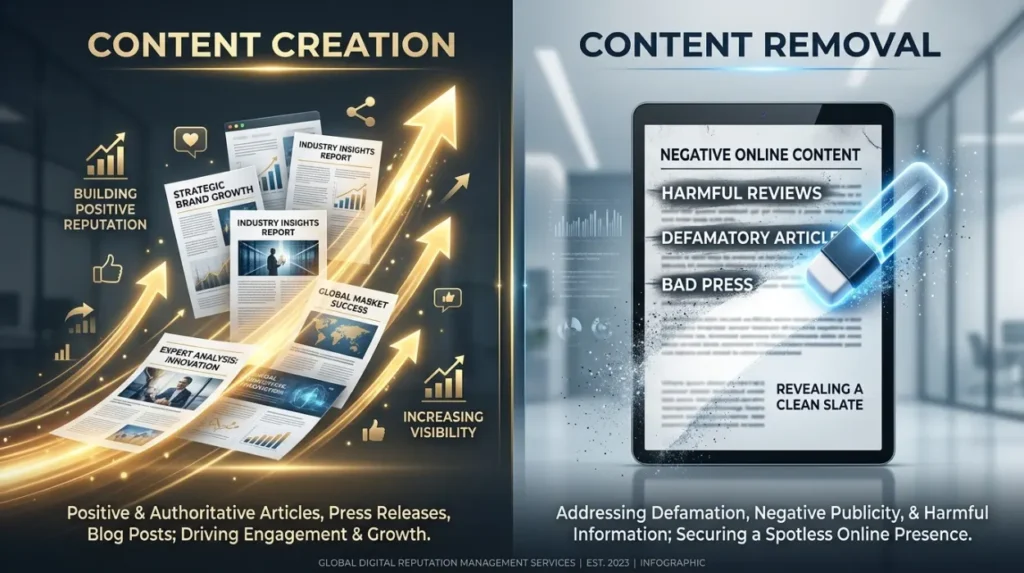 How do content creation and content removal compare in reputation repair?
