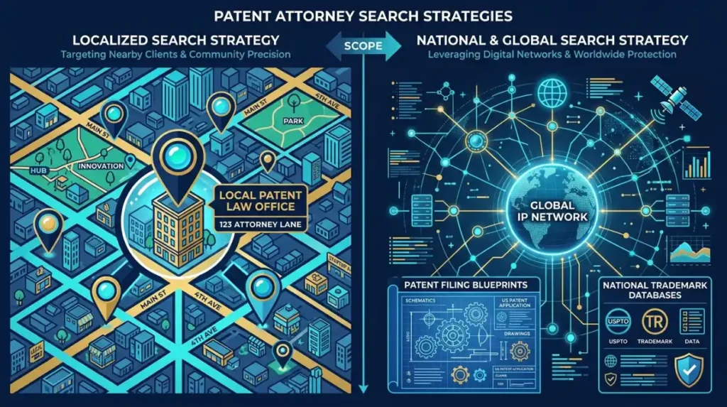 How do local and national search strategies differ for patent attorneys?