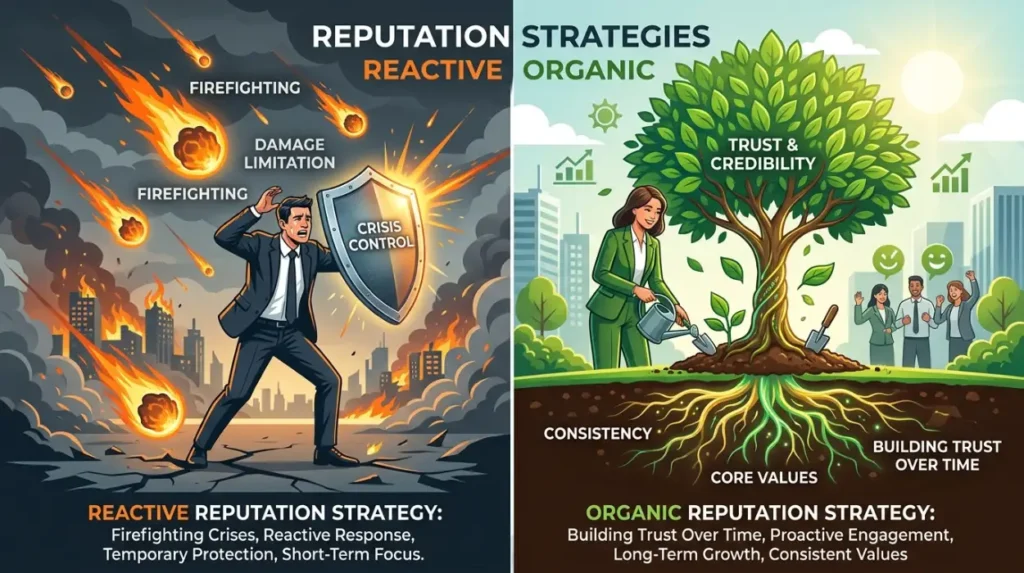 How do reactive and organic reputation strategies differ?