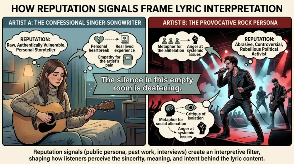 How do reputation signals affect the interpretation of lyric content?