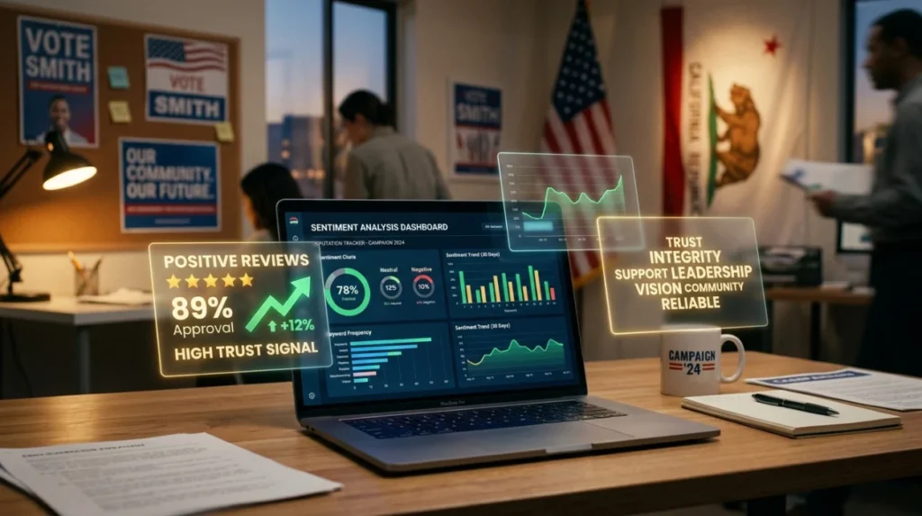 How do reviews and sentiment signals affect political reputation?