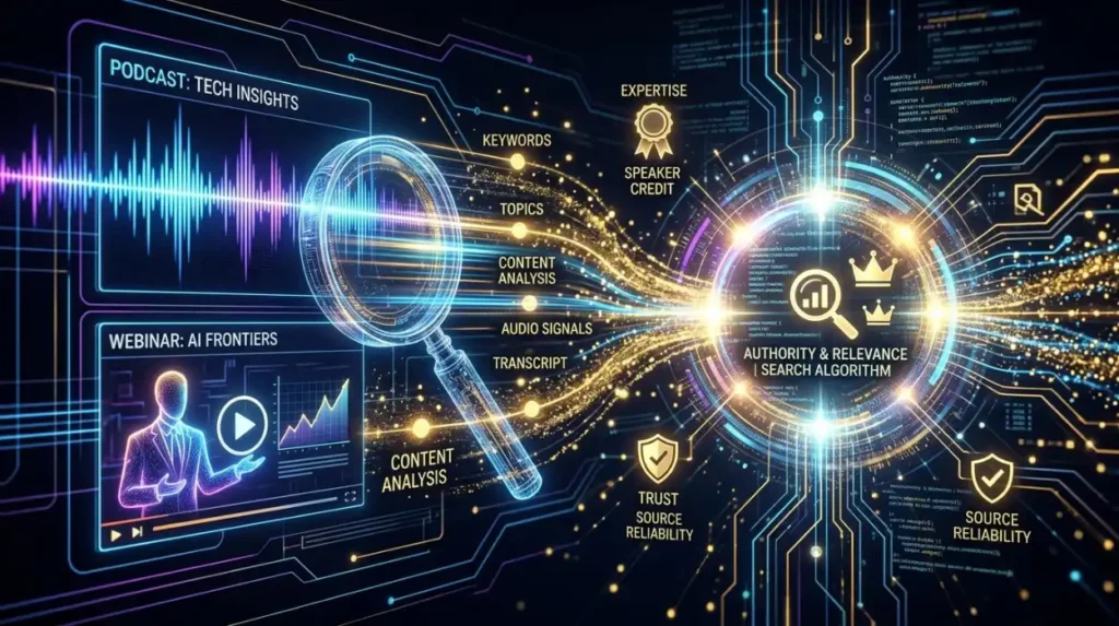 How do search engines evaluate authority signals from podcasts and webinars?