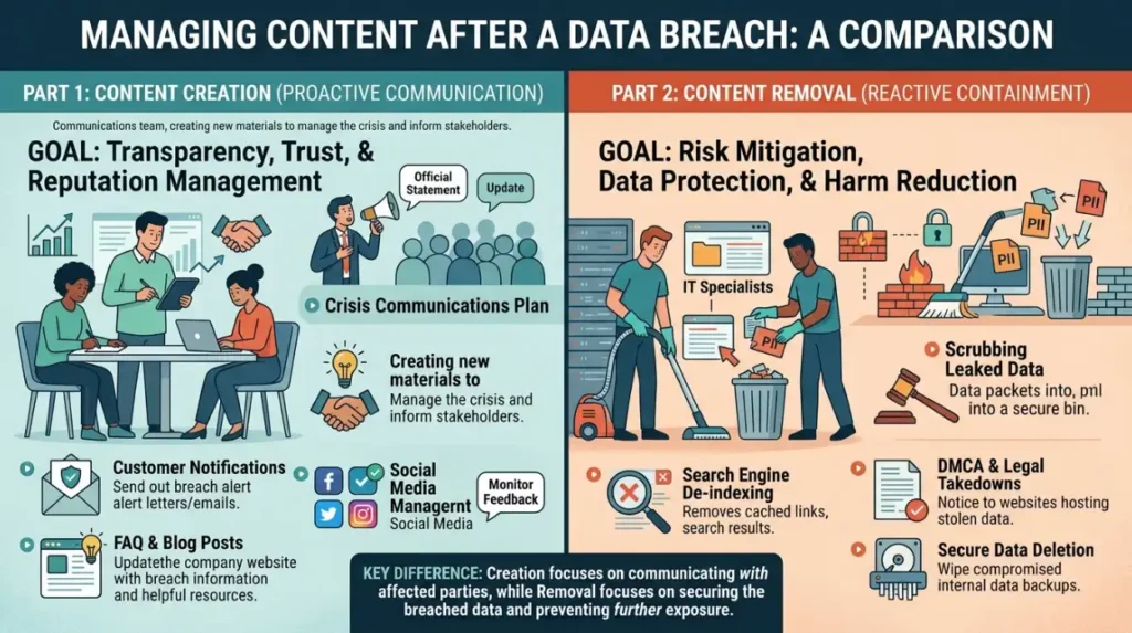How does content creation compare with content removal after a data breach?