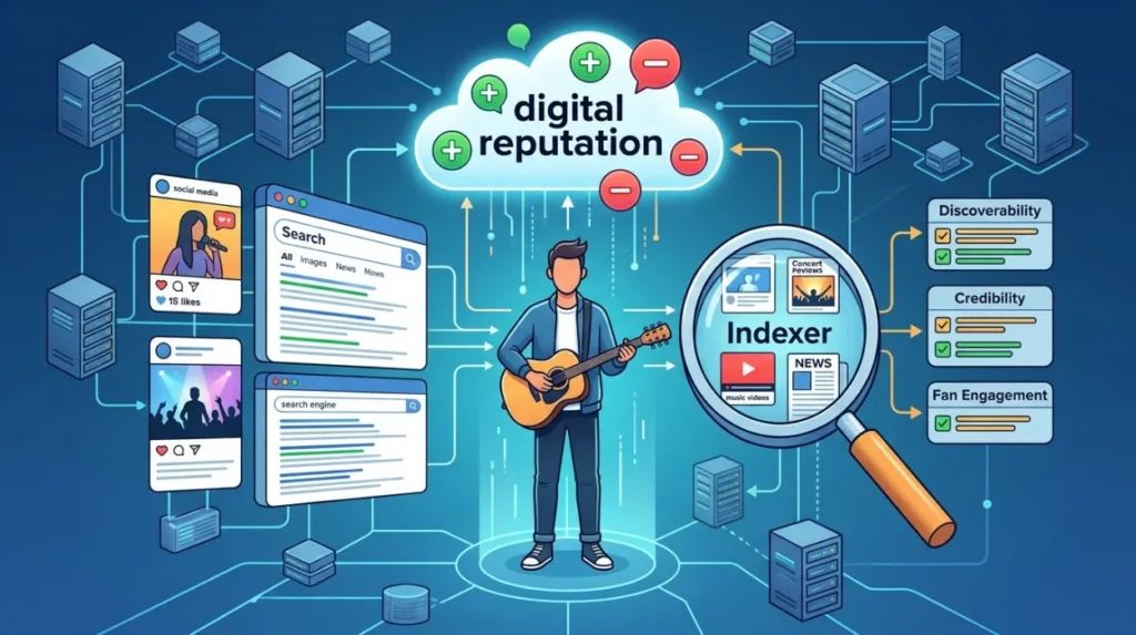 How does content indexing influence a musician’s digital reputation?