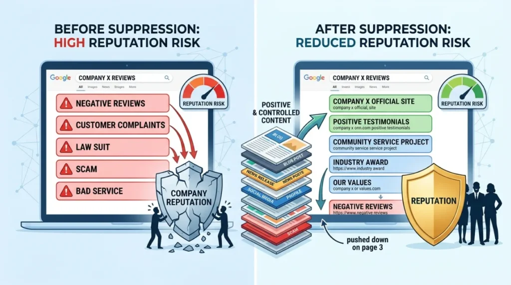 How does negative content suppression reduce reputation risk?