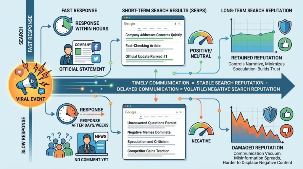 How does response speed influence search reputation after a viral event?