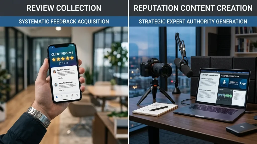 How does review collection compare with reputation content creation?