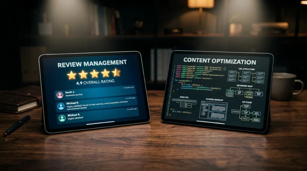 How does review management compare with content optimisation?
