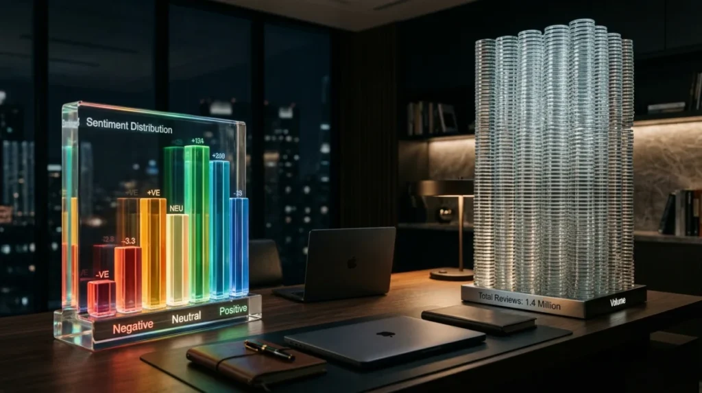 How does sentiment distribution compare with review volume?