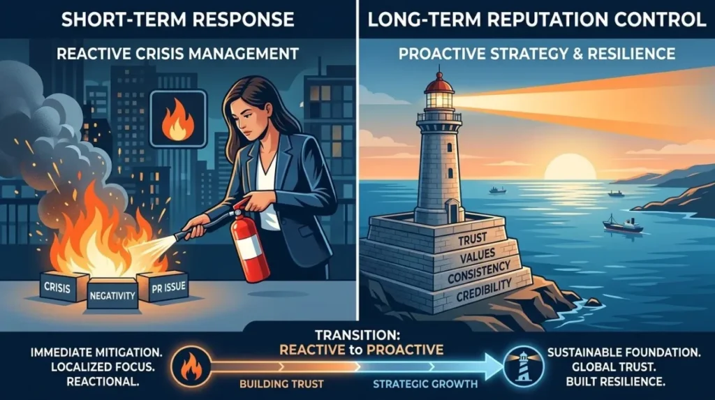 How does short-term response compare with long-term reputation control?