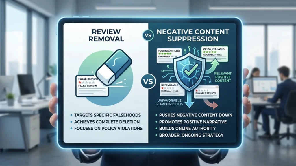 What is more effective: review removal or negative content suppression?