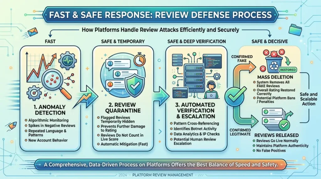 Which Process Provides the Fastest and Safest Response to Review Attacks?
